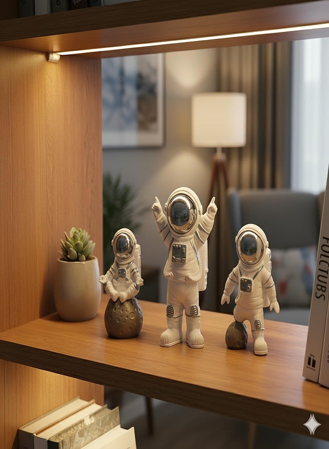 REWOP Astronaut Figurine Set of 3 - Cute Space Theme Desk Decor, Moon Surface Resin Statues for Home, Office, Car Dashboard, Gift for Kids & Space Lovers (Silver) - Image 5